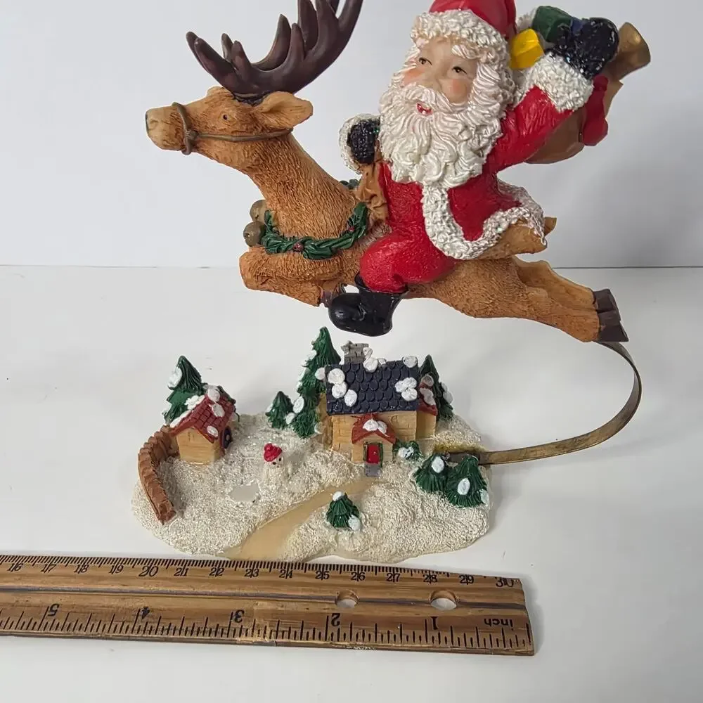 Santa Claus Riding Reindeer Kinetic Christmas Village Resin Figurine Decor